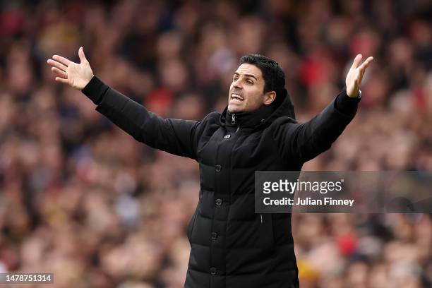 Mikel Arteta, Manager of Arsenal, reacts during the Premier League match between Arsenal FC and Leeds United at Emirates Stadium on April 01, 2023 in...