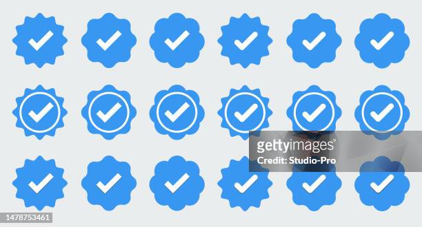 huge set of blue check mark icons. flat line art - verification stock illustrations