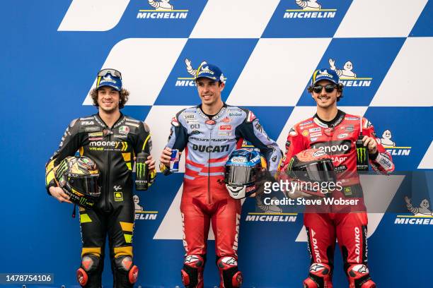 MotoGP Top 3 riders at parc ferme with Marco Bezzecchi of Italy and Mooney VR46 Racing Team , Alex Marquez of Spain and Gresini Racing MotoGP and...