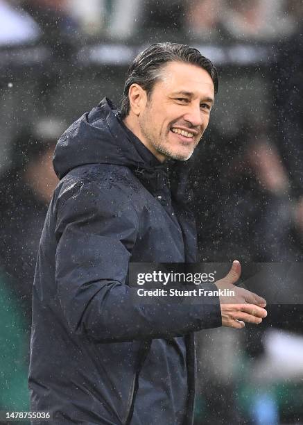 Niko Kovac, Head Coach of VfL Wolfsburg, looks on during the Bundesliga match between VfL Wolfsburg and FC Augsburg at Volkswagen Arena on April 01,...