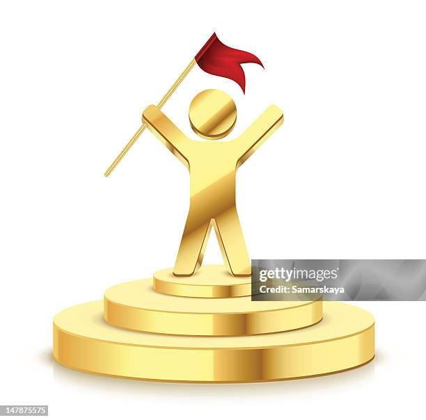 small gold trophy showing man successfully holding flag - reputation management stock illustrations