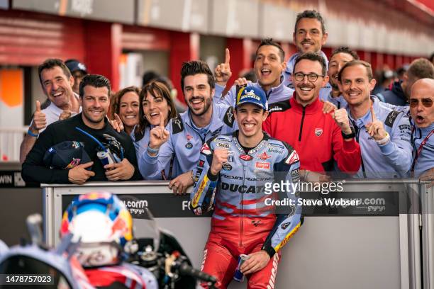 Alex Marquez of Spain and Gresini Racing MotoGP celebrates his pole position at parc ferme during qualifying session of the MotoGP Gran Premio...