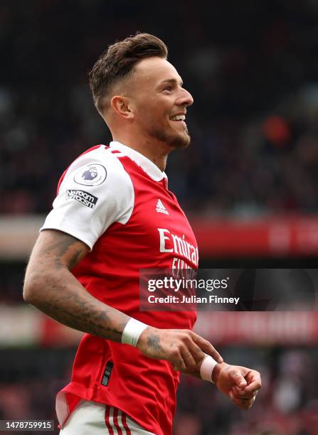 Ben White of Arsenal celebrates after scoring the team's second goal during the Premier League match between Arsenal FC and Leeds United at Emirates...