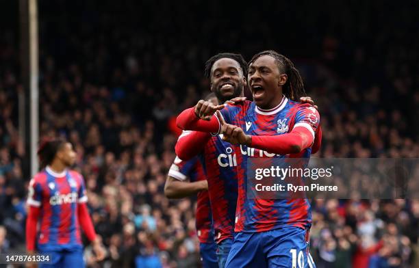 Eberechi Eze of Crystal Palace celebrates after scoring the team's first goal during the Premier League match between Crystal Palace and Leicester...