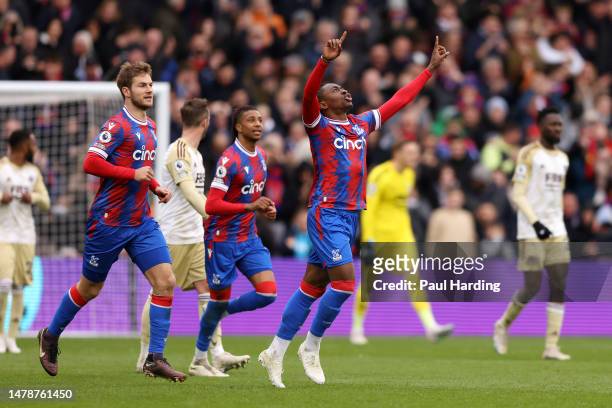 Eberechi Eze of Crystal Palace celebrates after scoring the team's first goal during the Premier League match between Crystal Palace and Leicester...