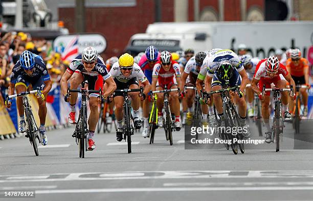 Juan Jose Haedo of Argentina riding for Team Saxo Bank-Tinkoff Bank , Andre Greipel of Germany riding for Lotto-Belisol , Mark Cavendish of Great...