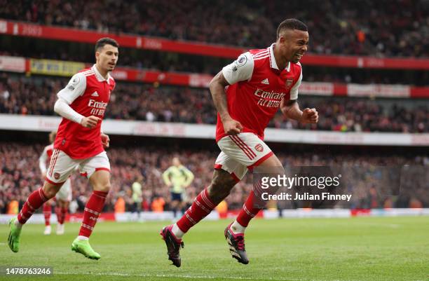 Gabriel Jesus of Arsenal celebrates after scoring the team's third goal during the Premier League match between Arsenal FC and Leeds United at...