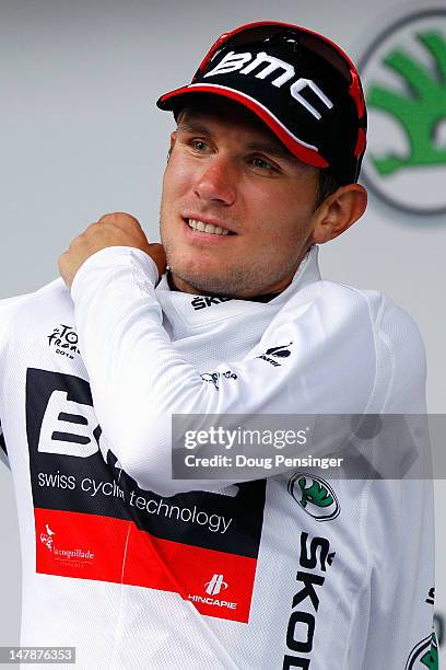 Tejay Van Garderen of the USA riding for BMC Racing takes the podium as he defended the best young rider's white jersey in stage five of the 2012...