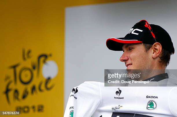Tejay Van Garderen of the USA riding for BMC Racing takes the podium as he defended the best young rider's white jersey in stage five of the 2012...