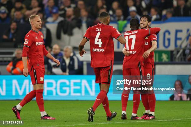 Sardar Azmoun of Bayer 04 Leverkusen scores the team's third goal during the Bundesliga match between FC Schalke 04 and Bayer 04 Leverkusen at...