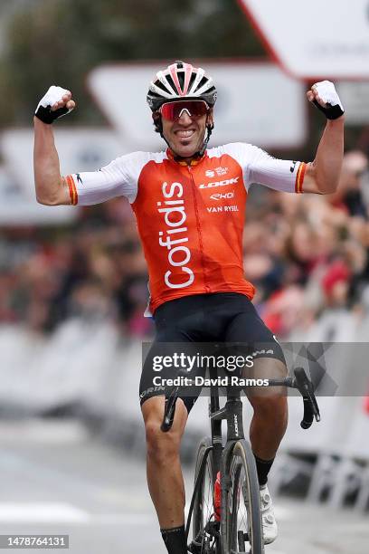 Ion Izaguirre of Spain and Team Cofidis celebrates at finish line as race winner ahead of Sergio Andres Higuita Garcia of Colombia and Team BORA –...