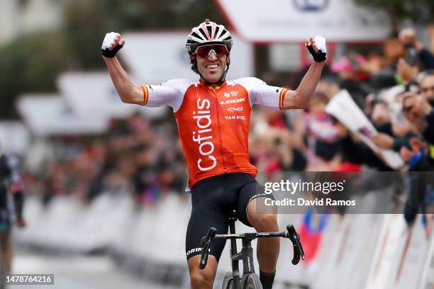 Ion Izaguirre of Spain and Team Cofidis celebrates at finish line as race winner during the 32nd Gran Premio Miguel Indurain 2023 a 203.2km one day...