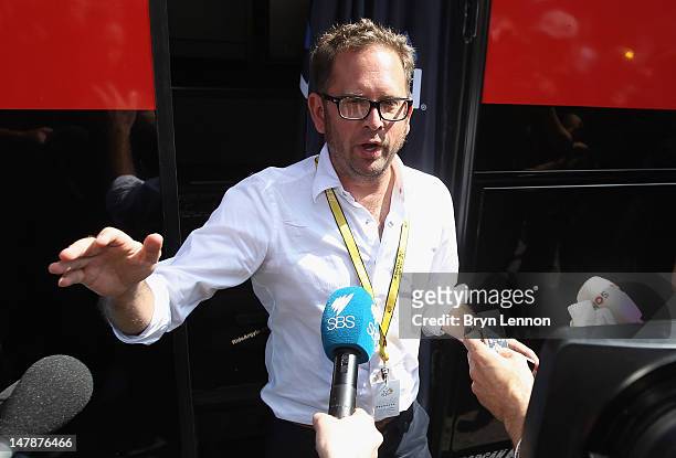 Jonathan Vaughters, CEO of Slipstream Sports and director of Garmin-Sharp, gives a statement to the media prior to the start of stage five of the...