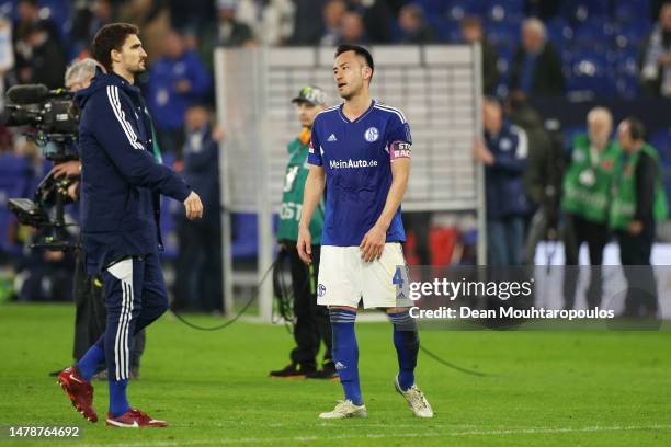 Maya Yoshida of FC Schalke 04 looks dejected following their team's loss during the Bundesliga match between FC Schalke 04 and Bayer 04 Leverkusen at...