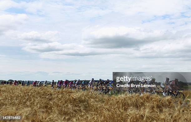 The peloton ride through the French countryside during stage five of the 2012 Tour de France from Rouen to Saint-Quentin on July 5, 2012 in...