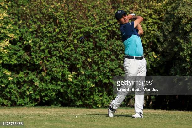 Felipe Aguilar of Chile plays his tee shot on the 1st hole during the third round of the Astara Chile Classic at Prince of Wales Country Club on...