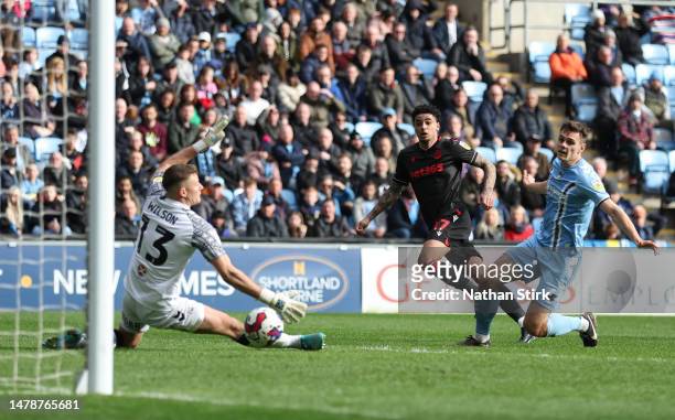 Ki-Jana Hoever of Stoke City scores their fourth goal during the Sky Bet Championship between Coventry City and Stoke City at The Coventry Building...