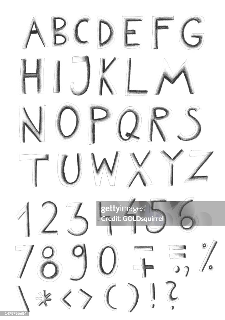 Pencil drawn alphabet with capital letters and numbers - abstract uneven imperfect signs with shading - vector illustration with outlined marks with natural texture effect isolated on white paper background