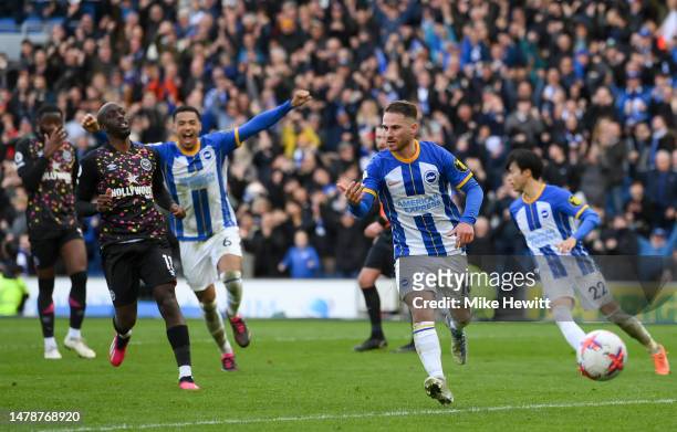 Alexis Mac Allister of Brighton & Hove Albion celebrates after scoring the team's third goal during the Premier League match between Brighton & Hove...