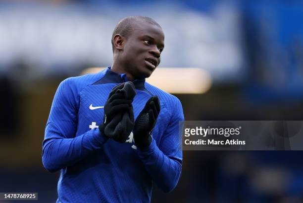 Ngolo Kante of Chelsea warms up prior to the Premier League match between Chelsea FC and Aston Villa at Stamford Bridge on April 01, 2023 in London,...