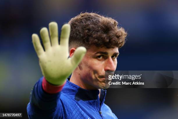 Kepa Arrizabalaga of Chelsea warms up prior to the Premier League match between Chelsea FC and Aston Villa at Stamford Bridge on April 01, 2023 in...