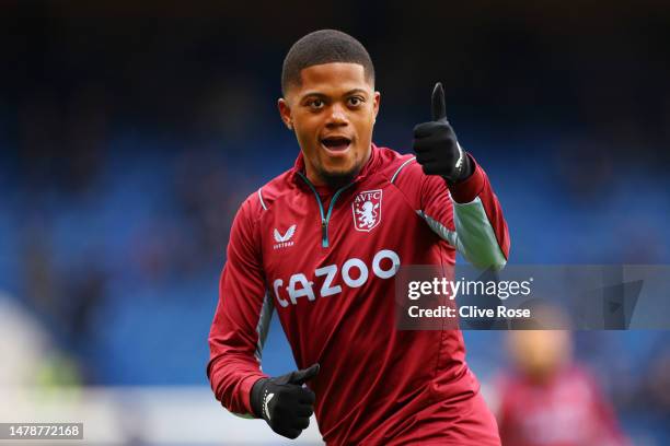 Leon Bailey of Aston Villa warms up prior to the Premier League match between Chelsea FC and Aston Villa at Stamford Bridge on April 01, 2023 in...