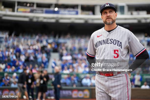Manager Rocco Baldelli of the Minnesota Twins looks on against the Kansas City Royals on March 30, 2023 at Kauffman Stadium in Kansas City, Missouri.
