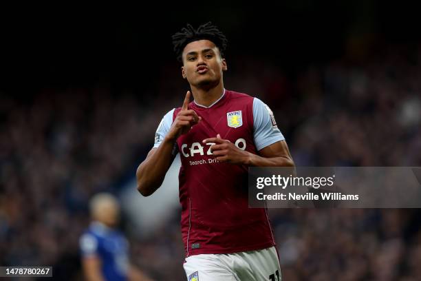 Ollie Watkins of Aston Villa scores for Aston Villa during the Premier League match between Chelsea FC and Aston Villa at Stamford Bridge on April...