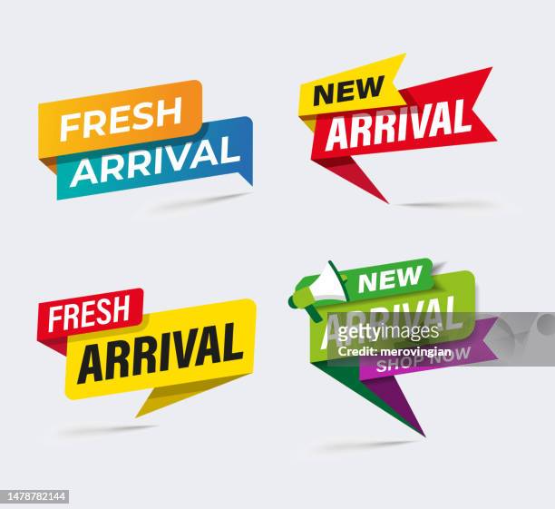 new arrival product banner flat design for mobile apps - arrival icon stock illustrations
