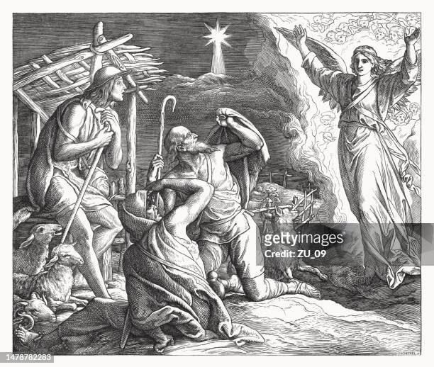 annunciation to the shepherds (luke 2), wood engraving, published 1860 - annunciation 幅插畫檔、美工圖案、卡通及圖標