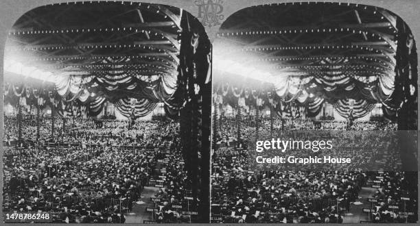 Stereoscopic image showing delegates seated by State in the hall decorated with bunting, a photograph of the Republican Party Presidential candidate...