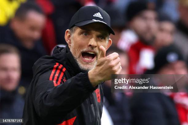Thomas Tuchel, head coach of Bayern München reacts during the Bundesliga match between FC Bayern München and Borussia Dortmund at Allianz Arena on...