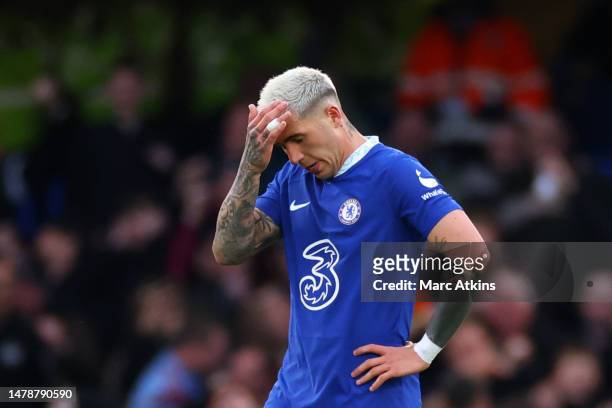 Enzo Fernandez of Chelsea looks dejected after the Aston Villa second goal during the Premier League match between Chelsea FC and Aston Villa at...