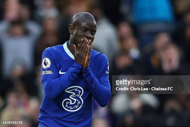 Ngolo Kante of Chelsea reacts during the Premier League match between Chelsea FC and Aston Villa at Stamford Bridge on April 01, 2023 in London,...