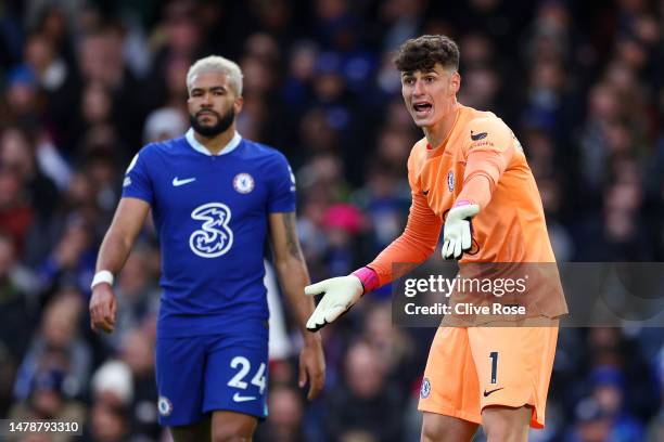 Kepa Arrizabalaga of Chelsea reacts during the Premier League match between Chelsea FC and Aston Villa at Stamford Bridge on April 01, 2023 in...