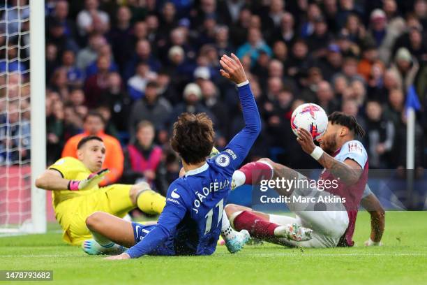 Joao Felix of Chelsea is challenged by Tyrone Mings of Aston Villa during the Premier League match between Chelsea FC and Aston Villa at Stamford...