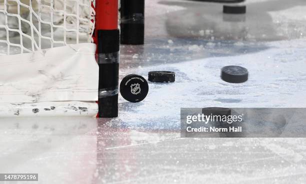 General view of a puck during warm ups prior to a game between the Dallas Stars and the Arizona Coyotes at Mullett Arena on March 31, 2023 in Tempe,...