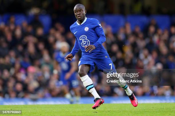 Ngolo Kante of Chelsea looks on during the Premier League match between Chelsea FC and Aston Villa at Stamford Bridge on April 01, 2023 in London,...