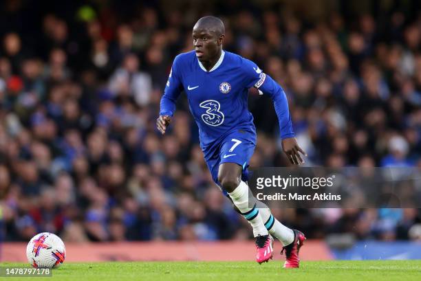 Ngolo Kante of Chelsea on the ball during the Premier League match between Chelsea FC and Aston Villa at Stamford Bridge on April 01, 2023 in London,...