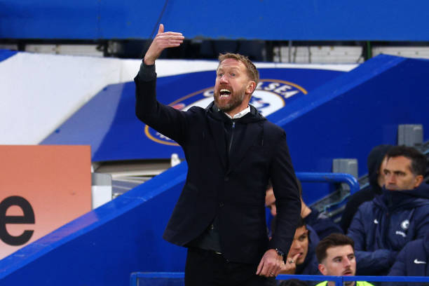 Graham Potter, Manager of Chelsea, reacts during the Premier League match between Chelsea FC and Aston Villa at Stamford Bridge on April 01, 2023 in...