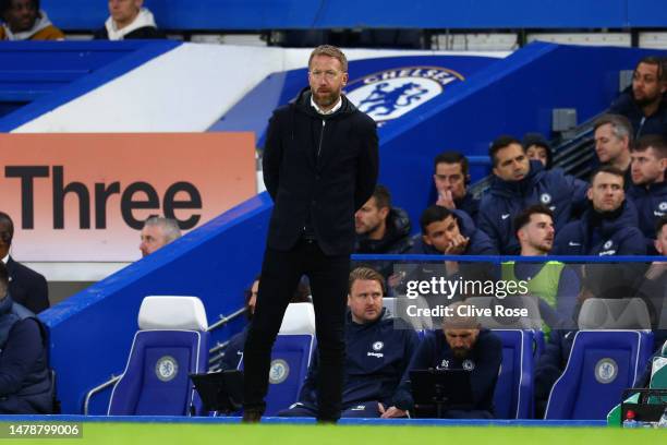 Graham Potter, Manager of Chelsea, looks on during the Premier League match between Chelsea FC and Aston Villa at Stamford Bridge on April 01, 2023...