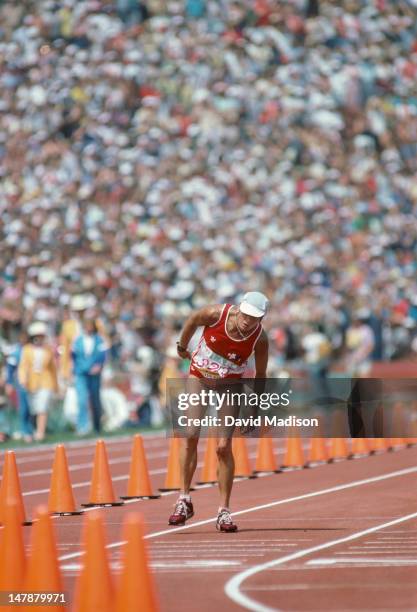 Gabriela Andersen-Schiess of Switzerland finishes the first Women's Marathon of the Olympic Games on August 5, 1984 in Los Angeles, California....