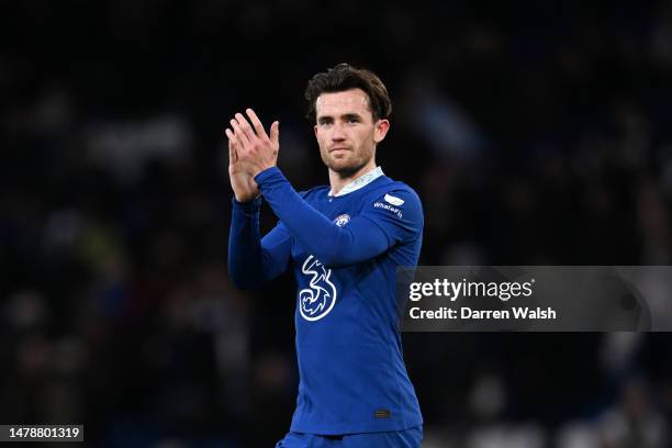 Ben Chilwell of Chelsea applauds the fans following the Premier League match between Chelsea FC and Aston Villa at Stamford Bridge on April 01, 2023...