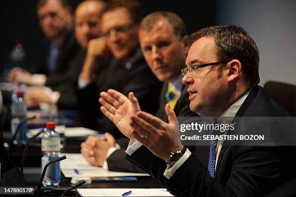 The English FA General Secretary, Alex Horne speaks during a press conference following a meeting of the International Football Association Board on...