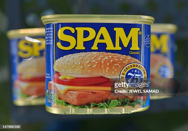 Cans of Spam meat made by the Hormel Foods Corporation are pictured in Silver Spring, Maryland, on July 5, 2012. Hormel’s famous canned meat, which...