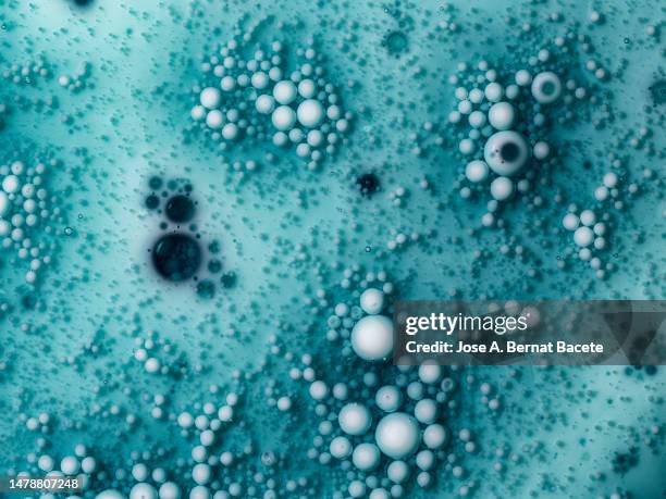 full frame of white liquid molecules floating on a blue liquid surface. - celula eucariota fotografías e imágenes de stock