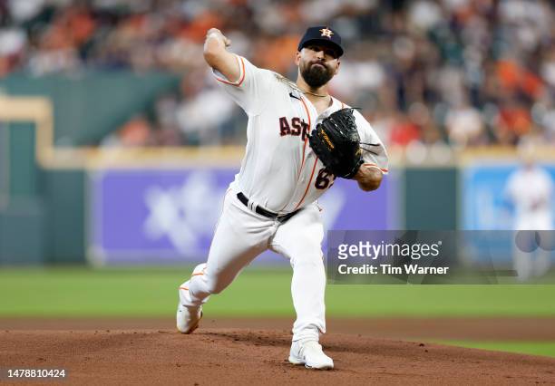 Jose Urquidy of the Houston Astros pitches in the first inning against the Chicago White Sox at Minute Maid Park on April 01, 2023 in Houston, Texas.