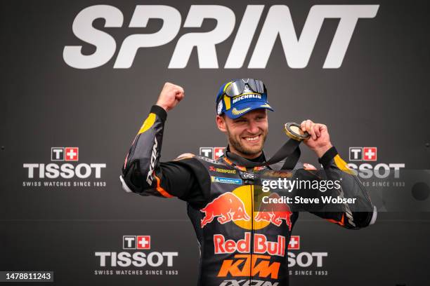 Brad Binder of South Africa and Red Bull KTM Factory Racing shows his medal for the win of the Sprint of MotoGP Gran Premio Michelin de la República...