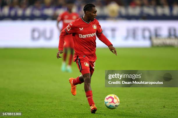 Jeremie Agyekum Frimpong of Bayer 04 Leverkusen in action during the Bundesliga match between FC Schalke 04 and Bayer 04 Leverkusen at Veltins-Arena...