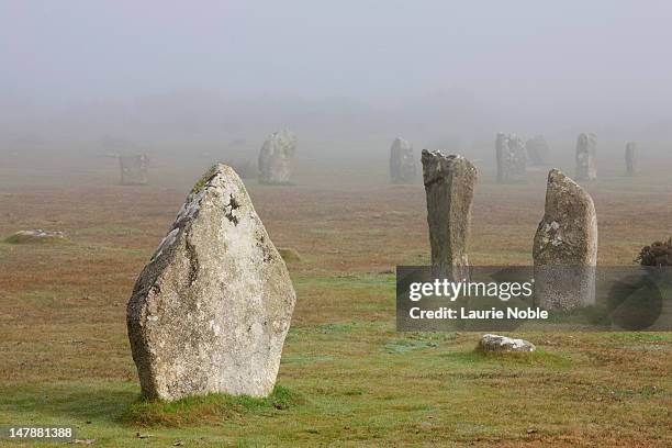 hurlers stone circle in the mist; bodmin moor - bodmin moor stock pictures, royalty-free photos & images